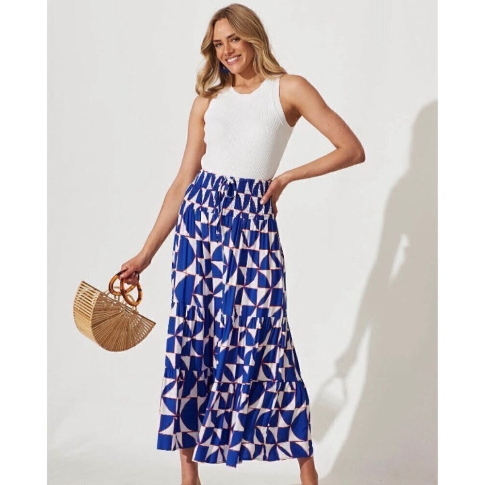 Abel The Label Tasmin Print‎ Smocked Tiered Maxi Skirt Blue White XS